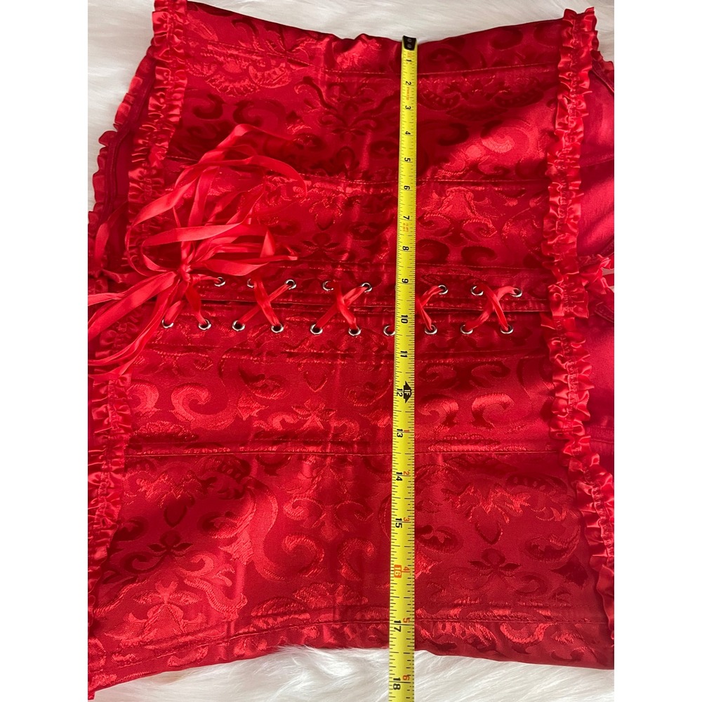 Women Red Victoria Style Satin Bustier Corset Floral Brocade Ruffled Trim 4XL - Picture 9 of 12